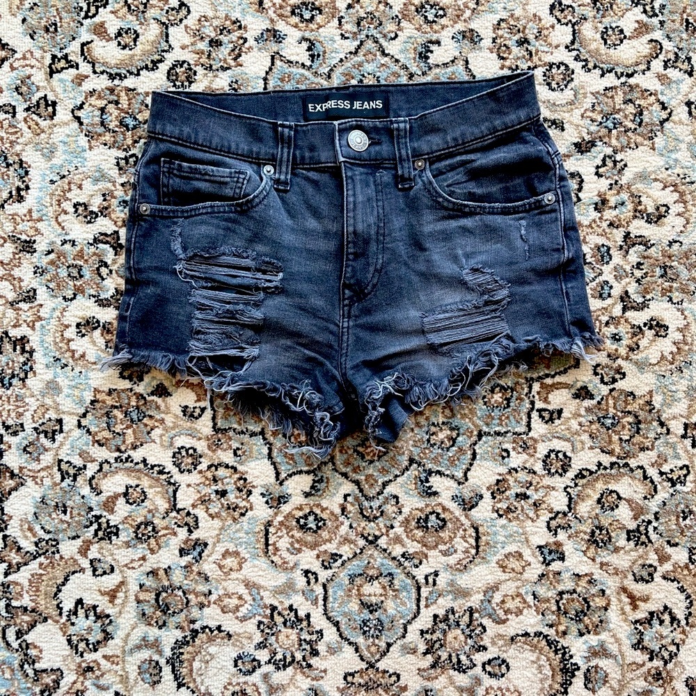 Black Express Jean Shorts with Distressed Hem and High Waist